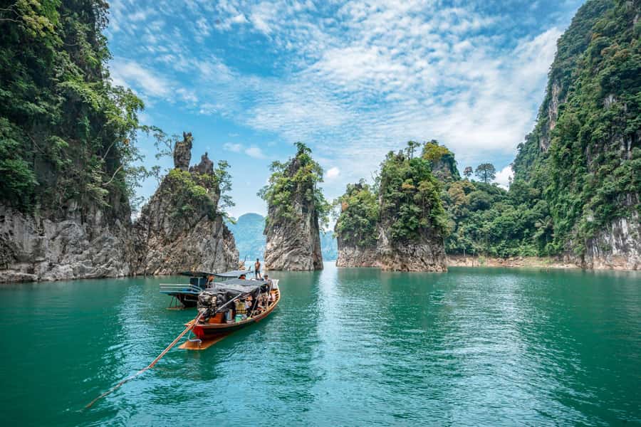 Cheow Larn Lake - Hiking - Cave Explore - Wildlife Safari - Longtail boats, limestone peaks, and Khao Sam Kloe