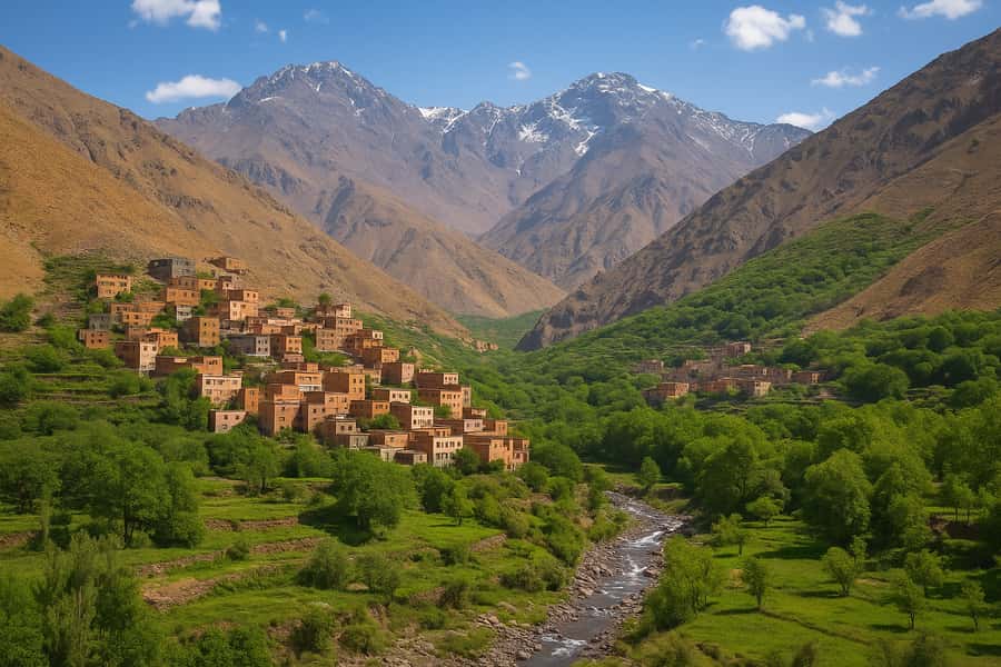 Marrakech: Atlas Mountains & Valleys Waterfall Hike w/ Lunch - Reaching Imlil beneath Mount Toubkal